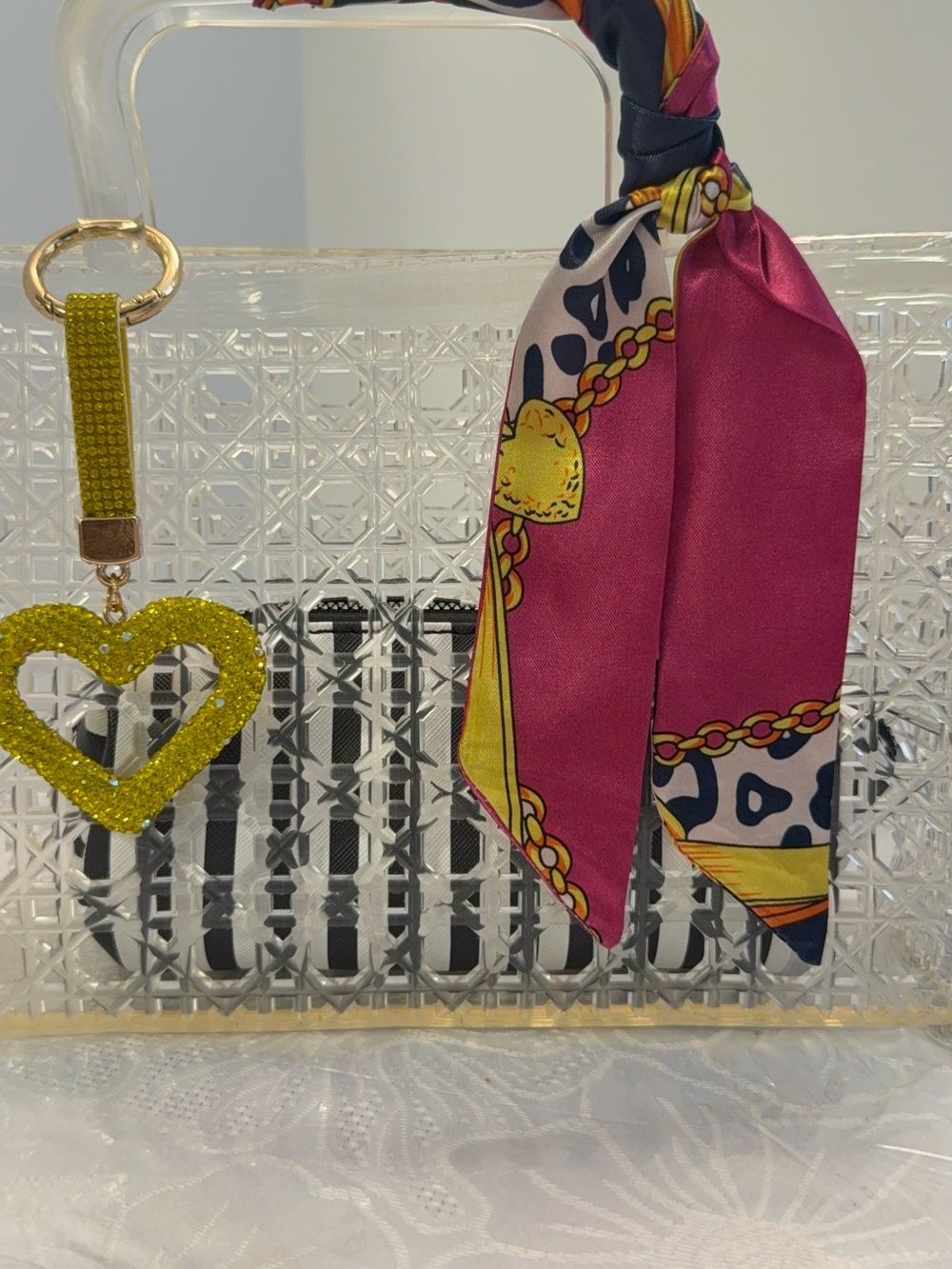 Mini Clear Tote with Fuchsia Scarf Accent & Black & white stripe cosmetic bag